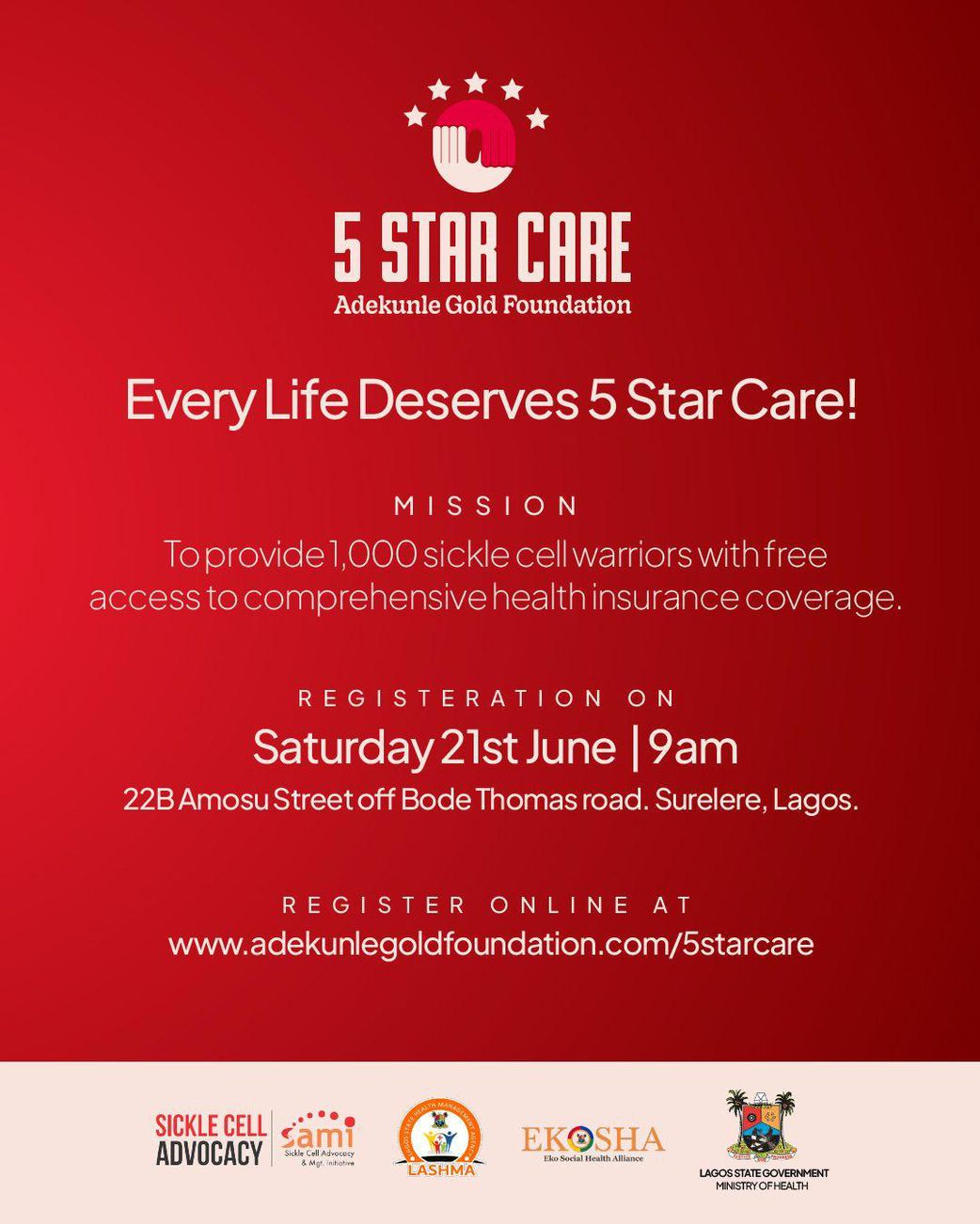 Adekunle Gold Foundation announces 5 Star Care which will provide free health insurance for 1,000 people living with sickle cell disease