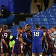 Chelsea and Leicester players remonstrate with each other