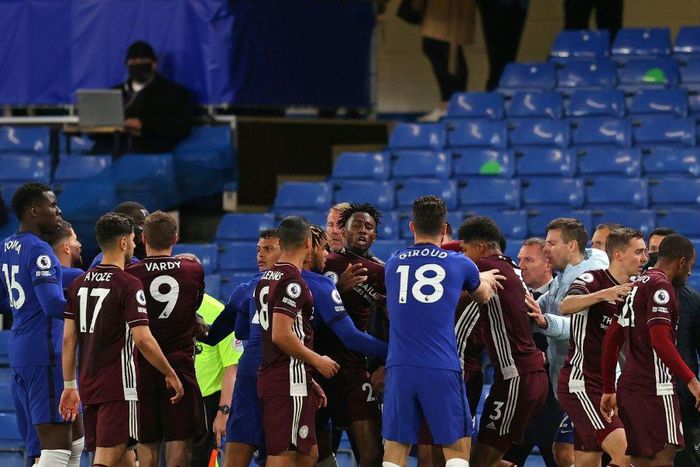 Chelsea and Leicester players remonstrate with each other