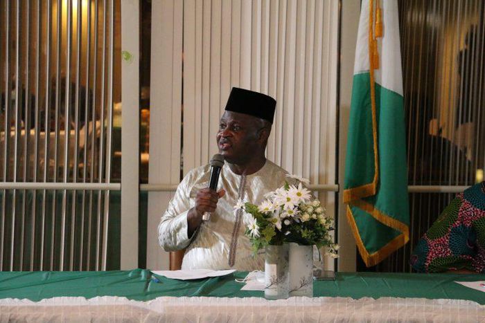Consul-General of Nigeria, Amb. Lot Egopija, at a hybrid Town Hall meeting at Nigeria House in New York for Nigerian nationals under its jurisdiction.