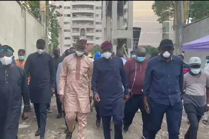 Bola Tinubu visits Ikoyi collapsed building site. (PMNews)