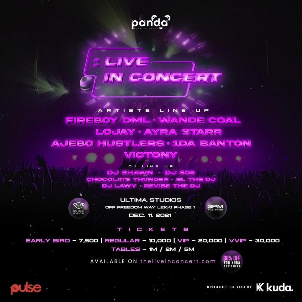 Wande Coal, Fireboy DML, others to headline 'The Live In Concert' music festival