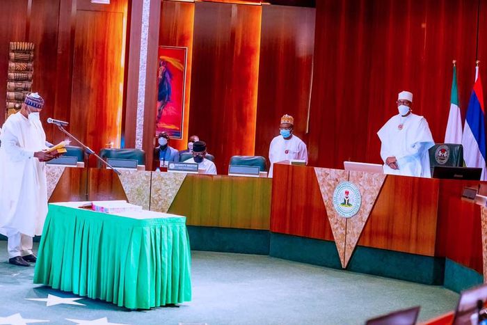 President Muhammadu Buhari during the swearing-in of Muazu Sambo [Presidency]
