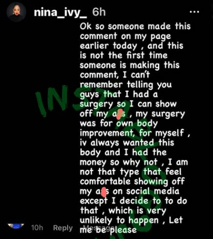 BBNaija's Nina reveals why she doesn't show off her surgically enhanced butt