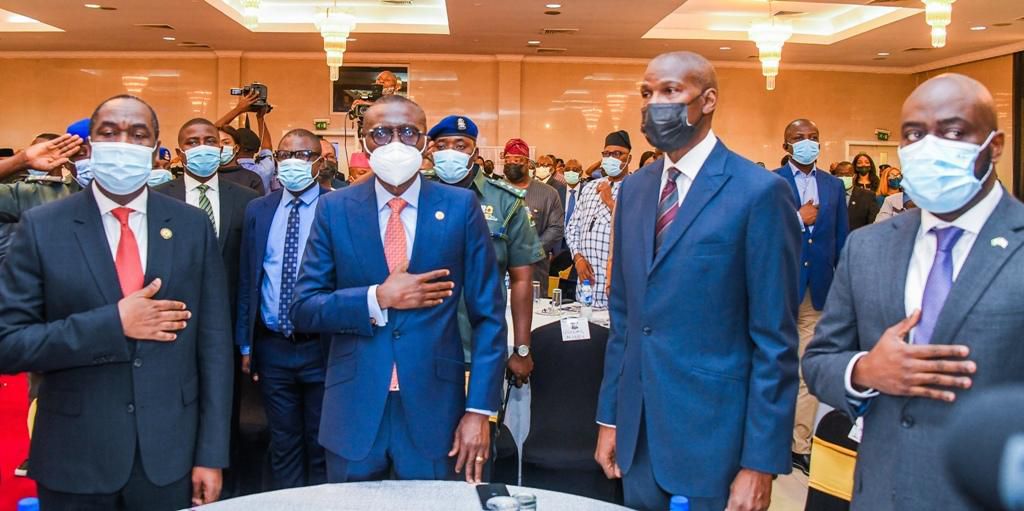 L-R: Lagos State Deputy Governor, Dr. Obafemi Hamzat; Governor Babajide Sanwo-Olu; Board Chairman, Lagos State Security Trust Fund (LSSTF), Mr Kehinde Durosinmi-Etti and the Executive Secretary/CEO, LSSTF, Dr. Abdurrazaq Balogun during the 15th Annual ...