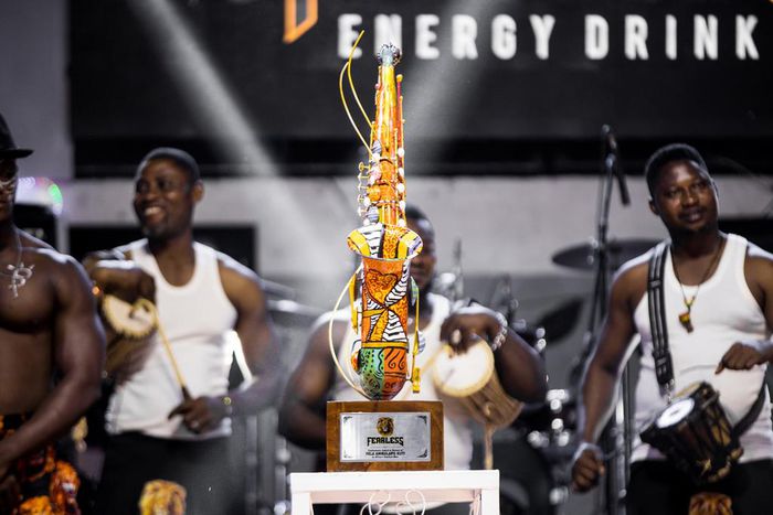 Photo shows the Fearless Posthumous Award (middle) surrounded by drummers during the grand finale of the 2021 edition of Felabration at the famous African shrine Agidingbi Ikeja, Lagos.