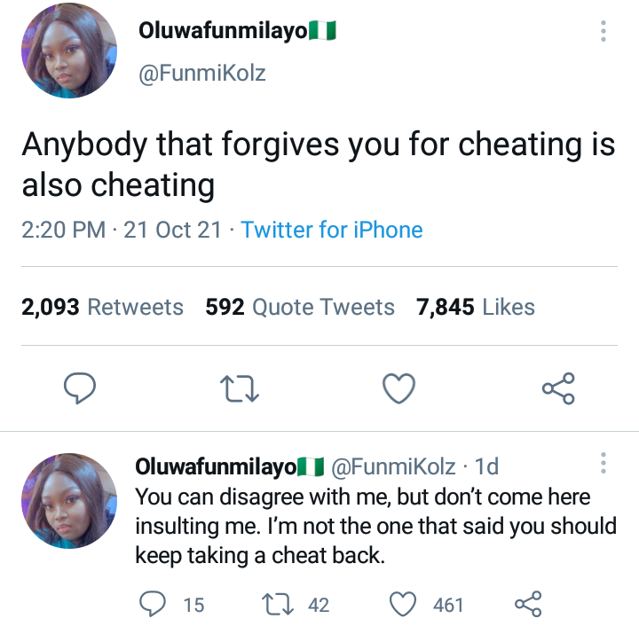 “Anybody that forgives you for cheating is also cheating” – Lady claims