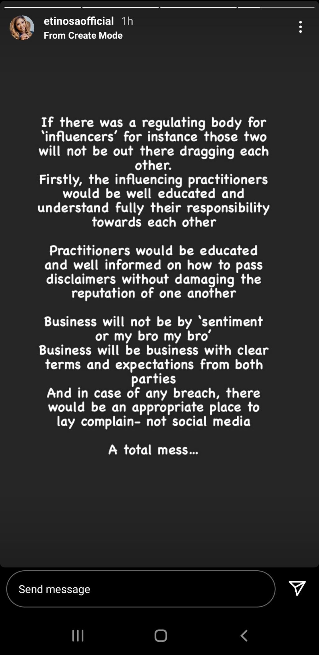 Etinosa Idemudia calls for regulation in Nollywood [Instagram]