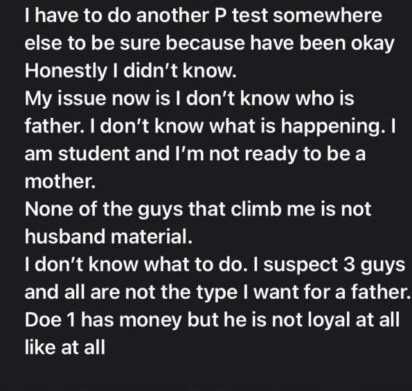 I don’t know who impregnated me; 3 guys I suspect aren't fit to father my child – Student seeks advice