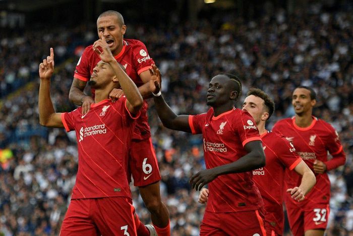 Fabinho (bottom left)scored Liverpool's second goal in a 2-0 win at Leeds
