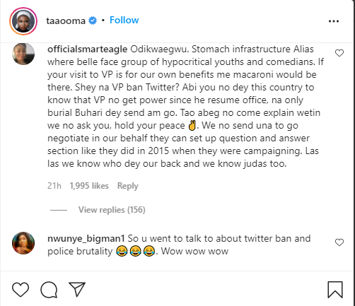 Nigerians drag comedian on Taaooma for visiting the VP Yemi Osibanjo with other IG comedians