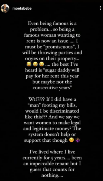 The OAP say even as a female celebrity the chances of securing an apartment is harder.