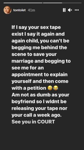 Dikeh promises not to release the IG influencer's sex tape.