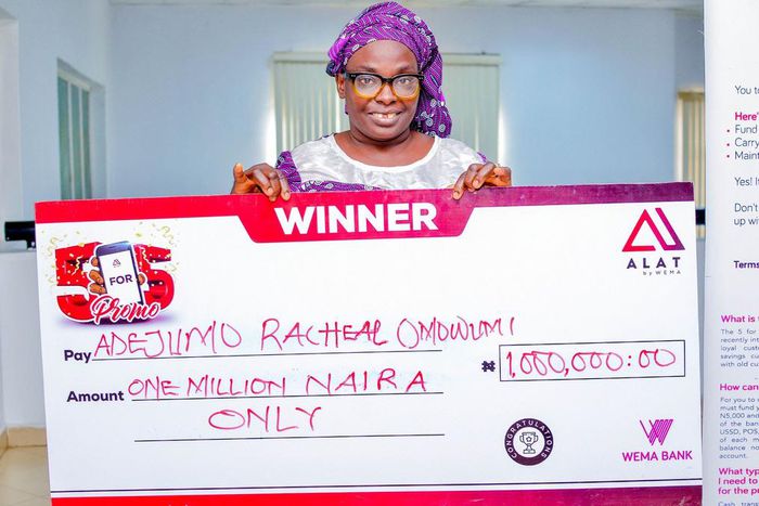 Adejumo Rachael, the one million naira winner of ALAT's 5 for 5 Promo in August 2021