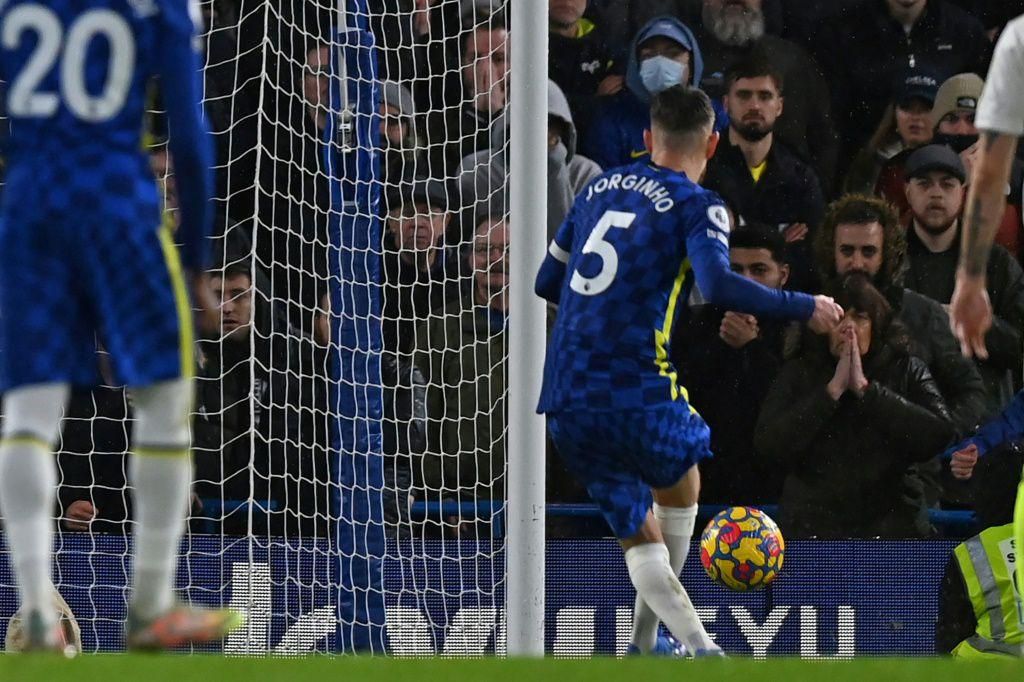 Spot on: Jorginho (centre) scored two penalties as Chelsea beat Leeds 3-2