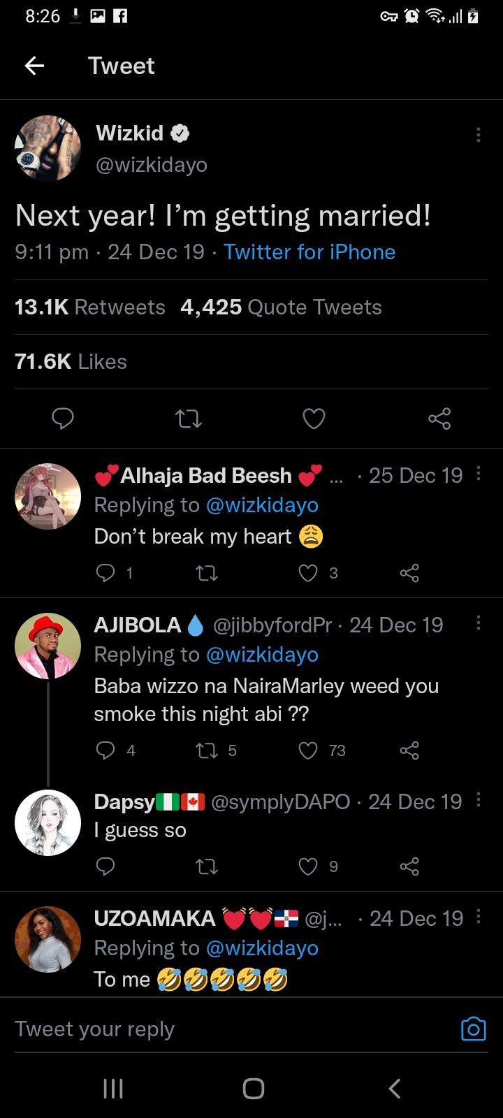 It would be recalled that in 2019, the music star revealed that he was getting married in 2020.