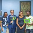 L-R: Studio Technician, Customer Care, 9mobile, Joshua Audu; Specialist, Quality Assurance, 9mobile, Winifred Inyang; Acting Chief Executive Officer, 9mobile, Jurgen Peschel; Executive Assistant to the CEO, Victoria Okon-Otoyo; and Specialist, Quality ...
