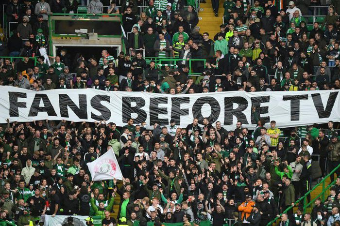 Celtic supporters protest against the 1430GMT kick-off time for their Europa League clash with Ferencvaros