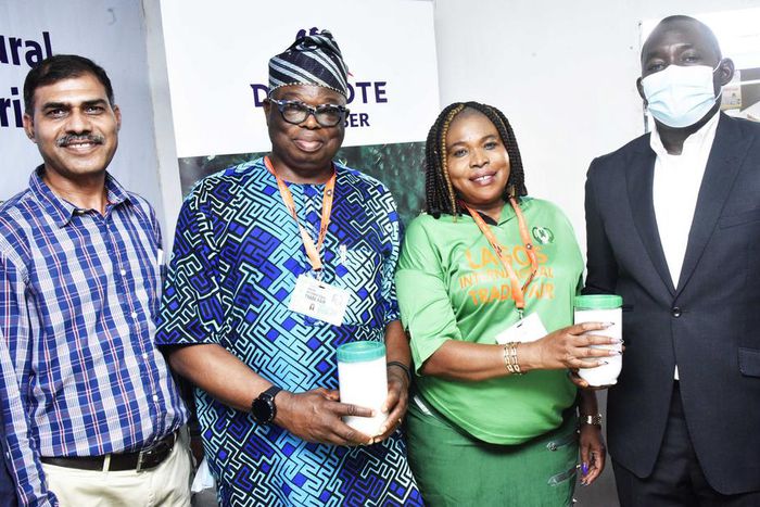 L-R: Deputy General Manager, Dangote Fertiliser Limited, Dr. Mahavir Rajawat; Chairman, Operation and Trade Promotion, LCCI, Leye Kupoloye; Chairman, Trade Marketing and Protocol, Victoria Obadina,  and Group Chief Commercial Officer, Dangote Industrie...