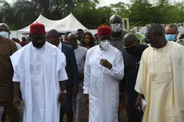 Sen. Ike Ekweremadu, former Deputy President of the Senate(1L), Gov. Ifeanyi Okowa of Delta (M) at the wedding reception of Mr Victor Okoh, son of a Delta House of Assembly member, Mr Festus Okoh on Monday at Agbor-Obi, Ika South Local Government Area ...