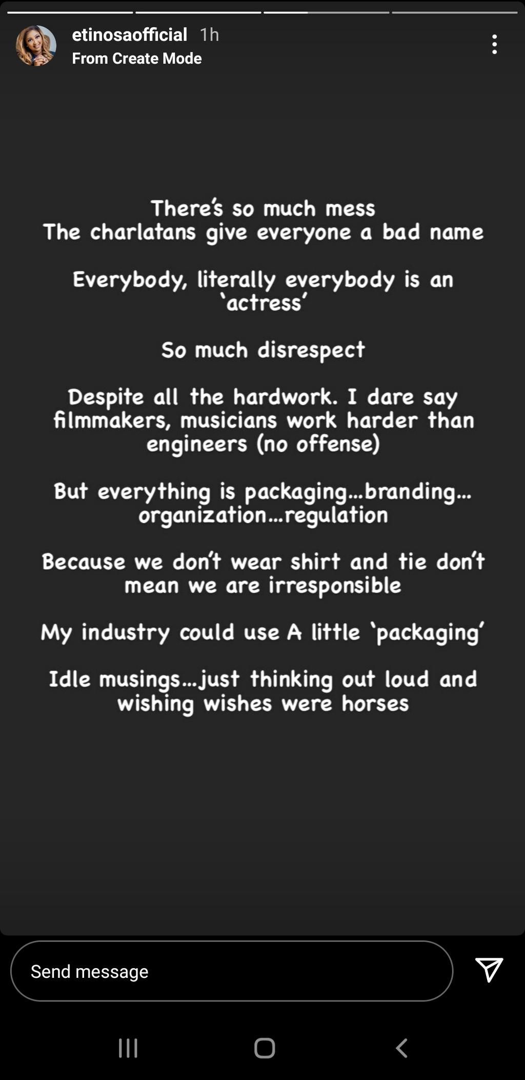 Etinosa Idemudia calls for regulation in Nollywood [Instagram]