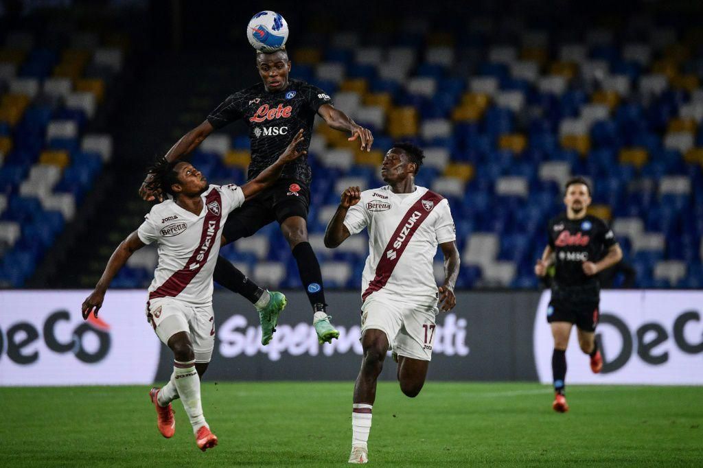 Victor Osimhen (C) of Napoli heads the ball during a Serie A match against Torino at the weekend
