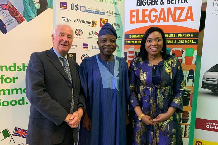 L-R: Vice Patron of the Nigeria-Britain Association (N-BA), Philip Hall, OBE ;  Nigerian High Commissioner, London, Ambassador, Sarafa Tunji Isola; and President of the Nigeria-Britain Association (N-BA), Abimbola Okoya, during the N-BA event held at t...