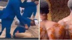 Students of Musbaudeen Islamic School, Ilorin, Kwara State, flogging one of their several colleagues who attended a birthday party where they reportedly took beer. Right: Two of the students showed their backs in the aftermath of the severe beating. (I...