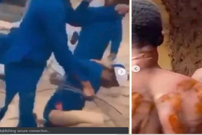 Students of Musbaudeen Islamic School, Ilorin, Kwara State, flogging one of their several colleagues who attended a birthday party where they reportedly took beer. Right: Two of the students showed their backs in the aftermath of the severe beating. (I...