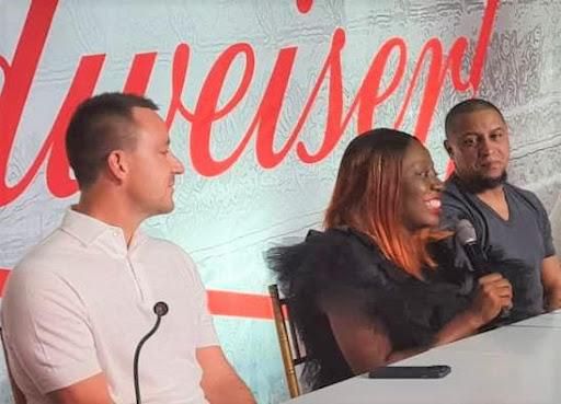 L-R: Kings FC Team Captain, International Football Legend, John Terry; Marketing Director, International Breweries Plc (IBPLC), Tolulope Adedeji and Budweiser Smooth FC Team Captain, International Football Legend, Roberto Carlos at the press conference...