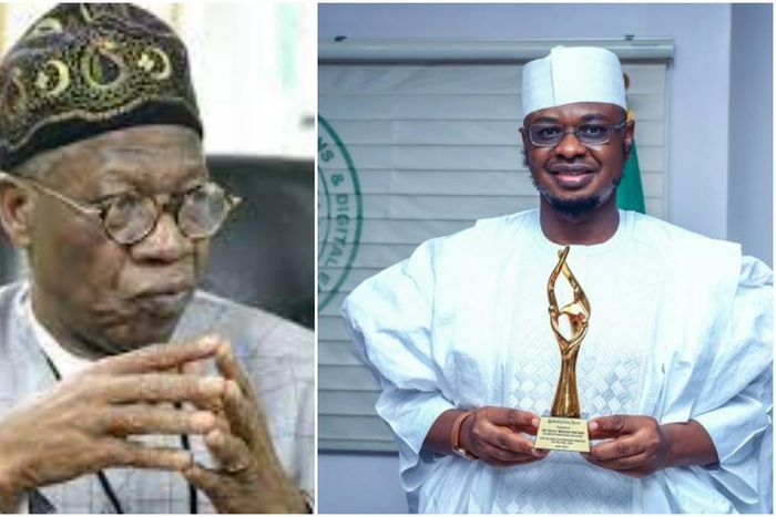 L-R: Minister for Information, Lai Mohammed and Minister for Communications and Digital Economy, Issa Pantami, with his award for outstanding minister. (TBD)
