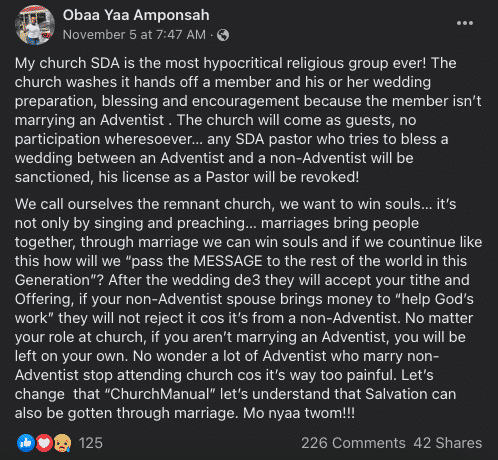 Ghanaian SDA church allegedly refuses to bless wedding of member whose partner isn’t an Aventist