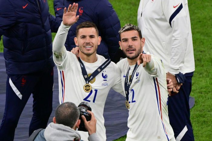 Lucas Hernandez (L) won the Nations League title with France on Sunday alongside his brother Theo (R)
