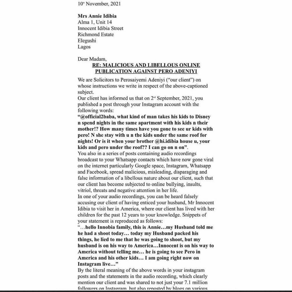 2Face Idibia's baby mama Pero files suit against Annie Idibia, demands N500M and apology