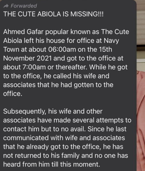 The popular skit maker was last seen on Monday, November 15.