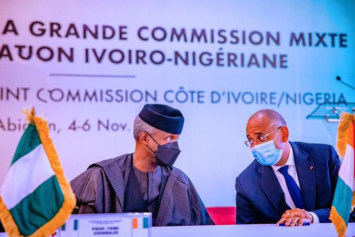 Vice President Yemi Osinbajo (L) and Ivorian Prime Minister, Patrick Achi (R) at the 2nd-session of the joint commission between Cote D'Ivoire and Nigeria in Abidjan. [Presidency]