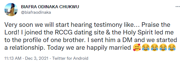 Twitter reaction to RCCG dating site