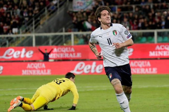 Nicolo Zaniolo celebrates after scoring for Italy. [sportsmole]