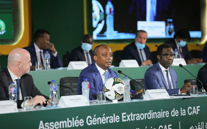FIFA President,  Gianni Infantino (left) and CAF President, Patrice Motsepe (right) at the Extraordinary General Assembly.
