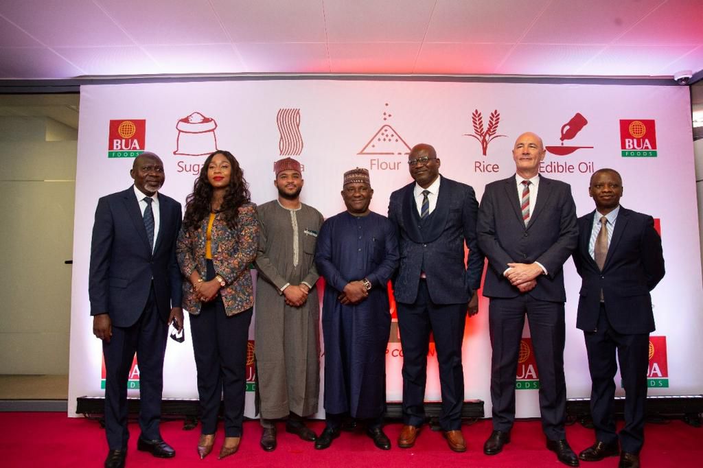 L- R:Abdulrasheed Olayiwola, Chief Financial Officer, BUA Foods Plc., Adewunmi Desalu, Director, Marketing & Corporate Communications BUA Foods Plc.,Khalifa Isyaku Rabiu, Executive Director, Operations, BUA Foods Plc., Abdul Samad Rabiu, Chairman, BUA ...