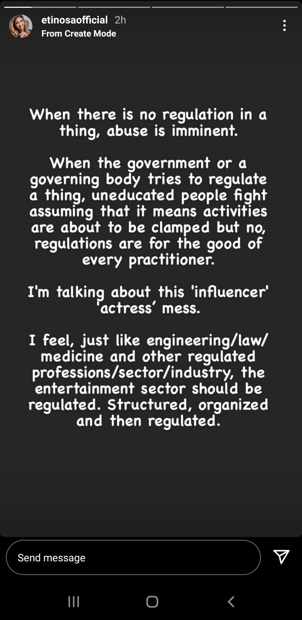 Etinosa Idemudia calls for regulation in Nollywood [Instagram]