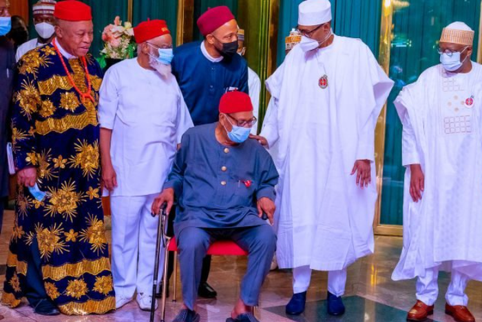 President Muhammadu Buhari with Igbo leaders led by First Republic parliamentarian and Minister of Aviation, Mbazulike Amaechi (seated) at the State House, Abuja on Friday, November 19, 2021. ( Buhari Sallau /Facebook)