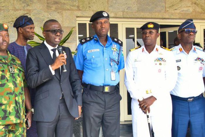 L-R: Commander, 9 Brigade, Ikeja Army Cantonment, Brigadier General Etsu Ndagi; Lagos State Governor, Mr. Babajide Sanwo-Olu; State Commissioner for Police, Mr. Hakeem Odumosu; Commander, Nigeria Navy Ship (NNS) Beecroft, Apapa, Commodore Ibrahim Aliyu...