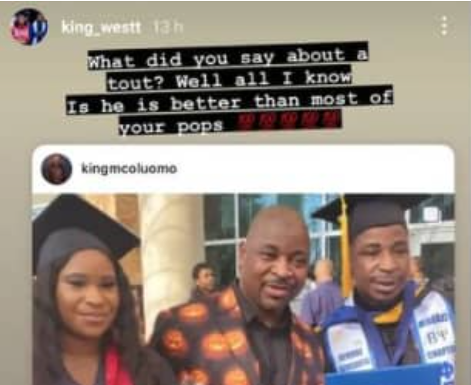 MC Oluomo's son's message on Instagram stories