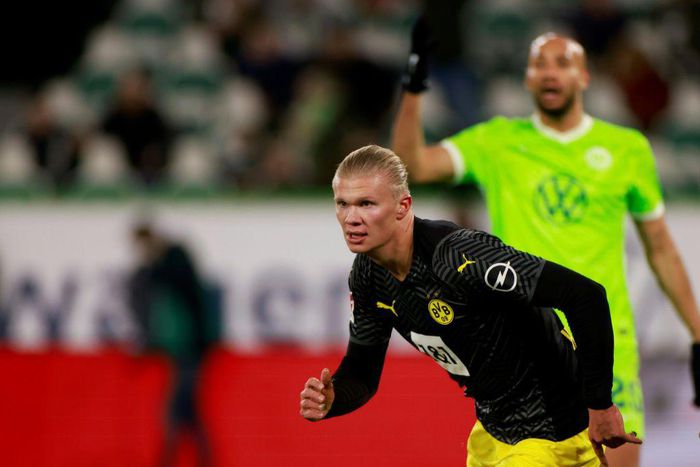 Erling Braut Haaland celebrates his goal against Wolfsburg after missing Dortmund last seven games with injury
