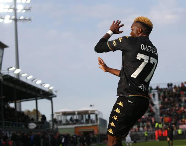 Okereke celebrates his winner against Roma
