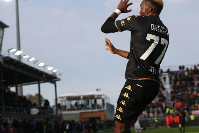 Okereke celebrates his winner against Roma