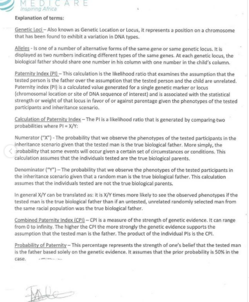 The paternity result reveals that Lawal is the father of the child.