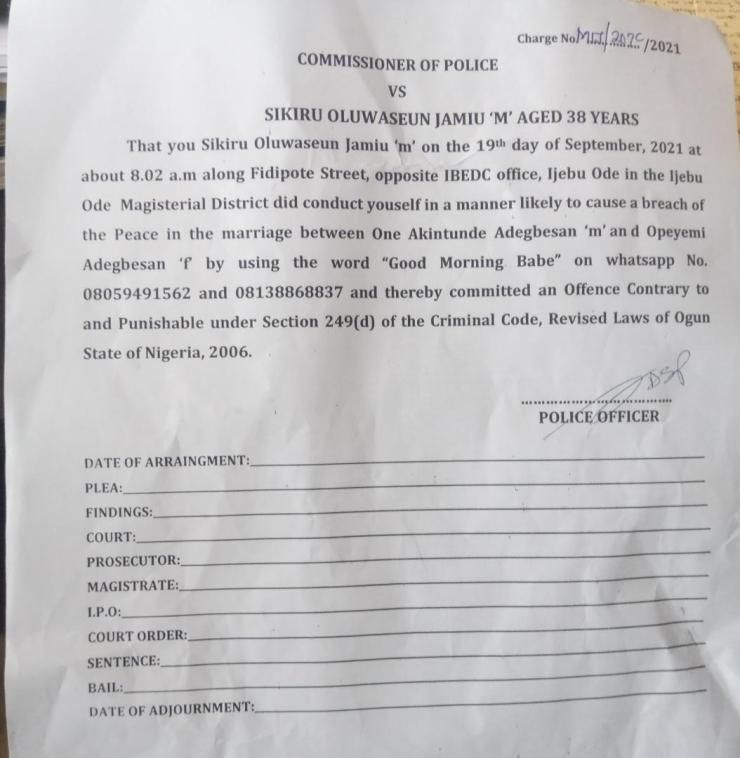 Nigeria Police takes man to court for saying “Good Morning Babe” to another man’s wife on WhatsApp