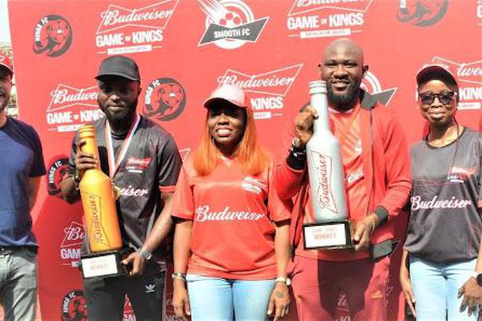 L-R: MD/CEO, International Breweries PLC (IBPLC), Hugo Rocha; Budweiser Smooth FC Team Manager, Osinachi Egbuche, Marketing Director, International Breweries Plc (IBPLC), Tolulope Adedeji, Budweiser Kings FC Team Manager, Segun John; and Marketing Mana...